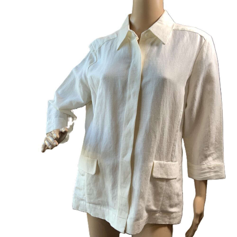 Covington Cream 3/4 Sleeve Collar Two Pockets Button up Coastal Linen Top Med P‎